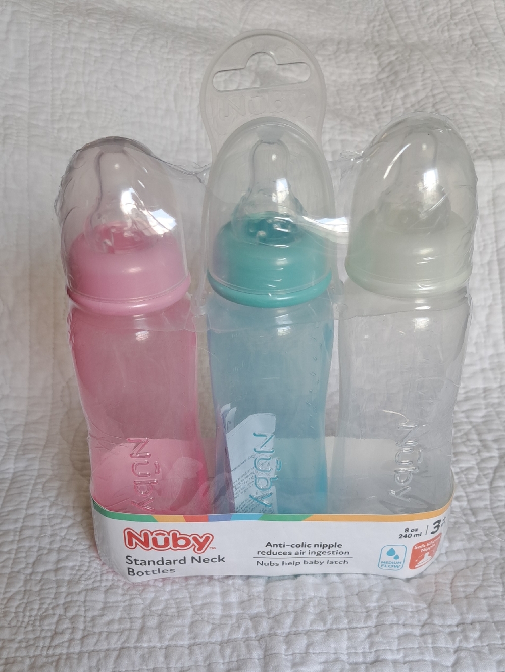 Nuby Standard Neck Baby Bottles Anti-Colic 3+ Months 8Oz